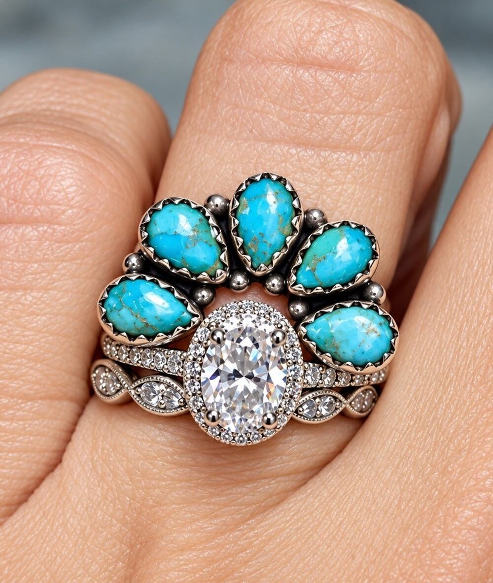 Turquoise Cluster Ring Enhancer Guard Sterling Silver Southwest Western Wedding